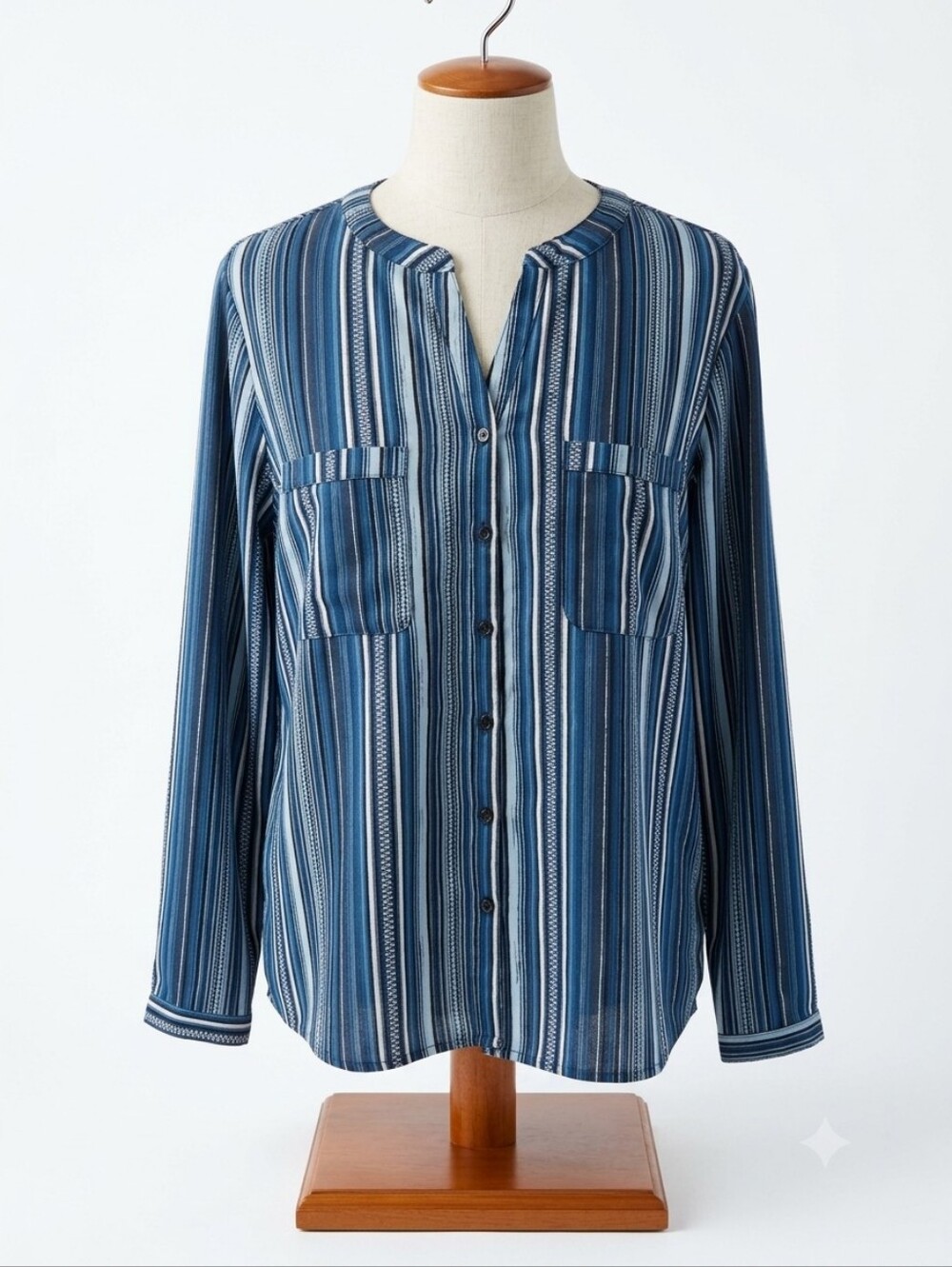Coral Bay Blue Striped Long-Sleeve Button-Down Shirt, Size Large